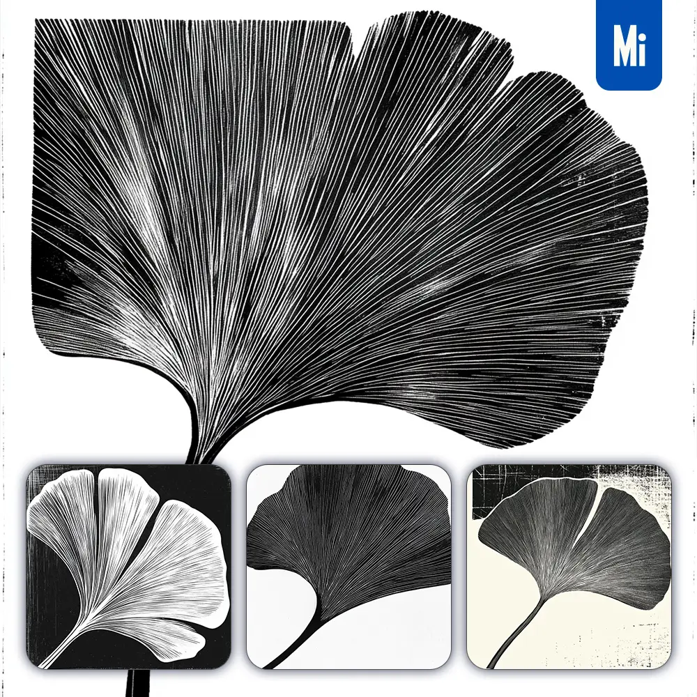 midjourney prompt ginkgo leaf vector woodcut print black and white illustration graphic pattern