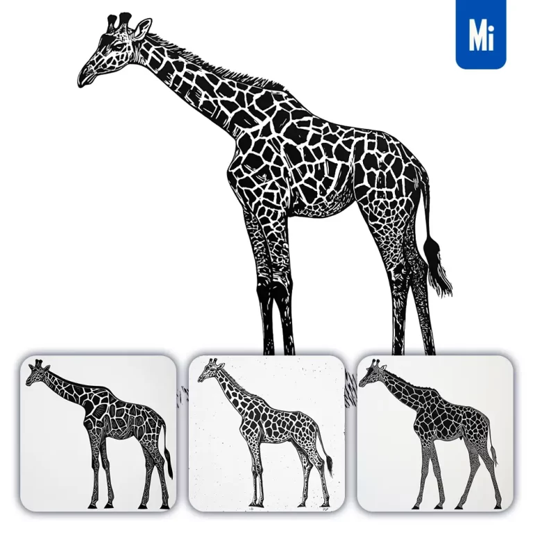 midjourney prompt giraffe animal woodcut print black and white illustration