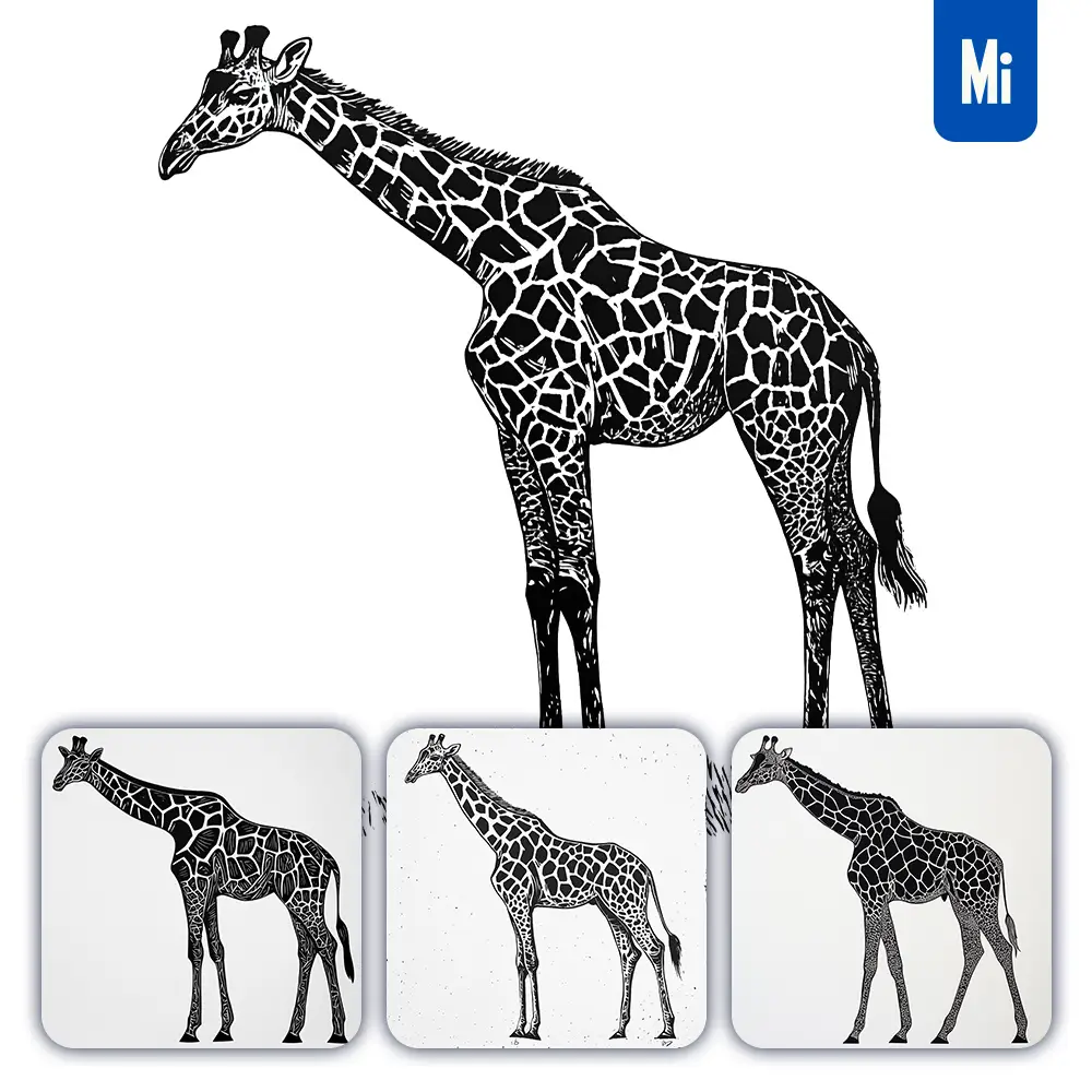 midjourney prompt giraffe animal woodcut print black and white illustration