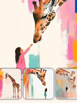 Midjourney Prompt Giraffe Girl Kid Children Colorful Ink Painting Cute Illustration