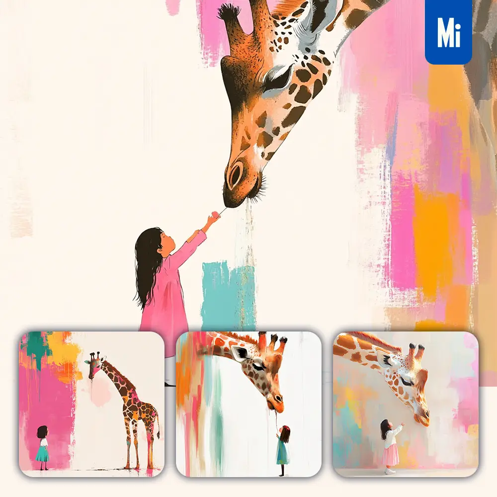Midjourney Prompt Giraffe Girl Kid Children Colorful Ink Painting Cute Illustration