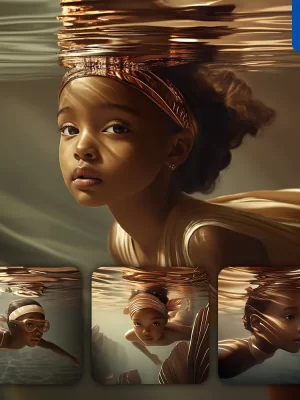 Midjourney Prompt Girl African Kid Children Diving Swimming Underwater Sea Face Brown Lighting