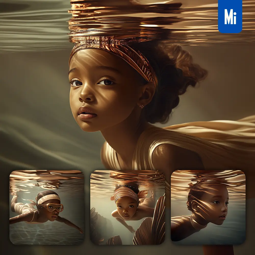 midjourney prompt girl African kid children diving swimming underwater sea face brown lighting