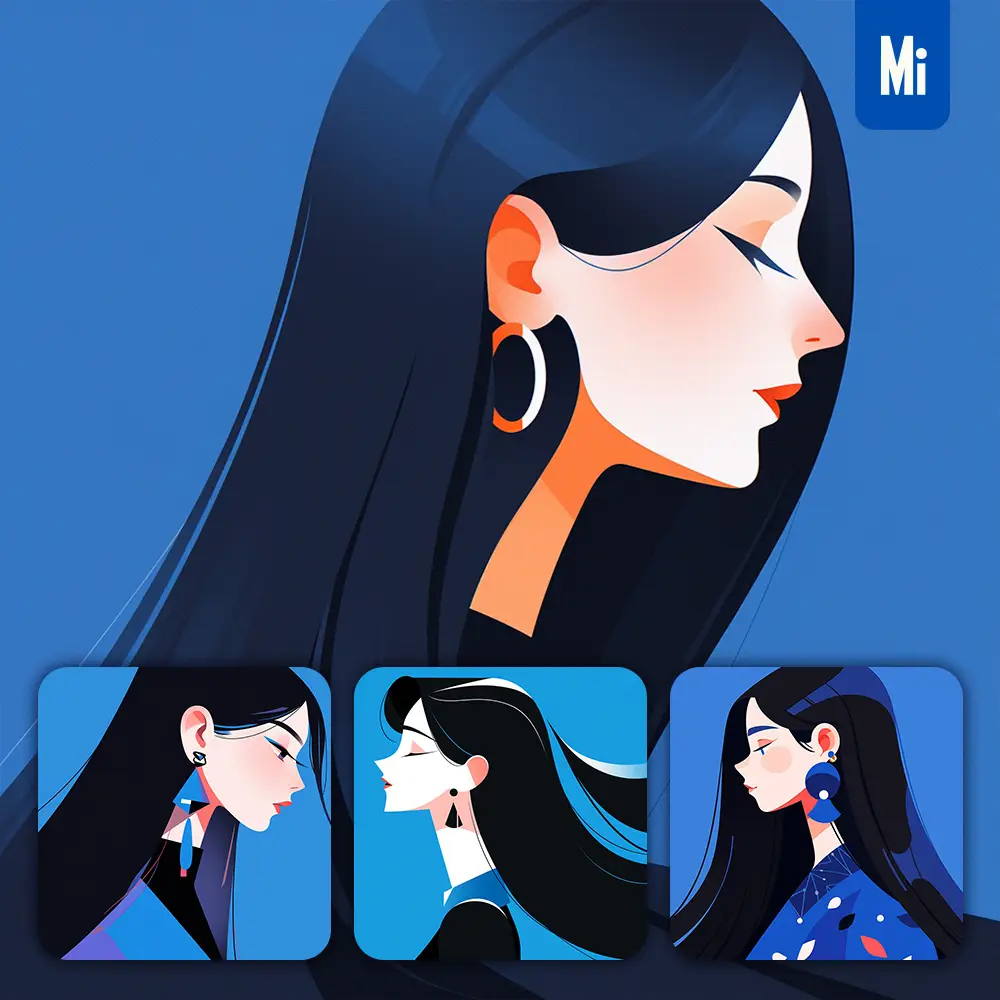 Midjourney Prompt Girl Blue Woman Lady Side Graphic Fashion Shape Portrait Character Design Illustration