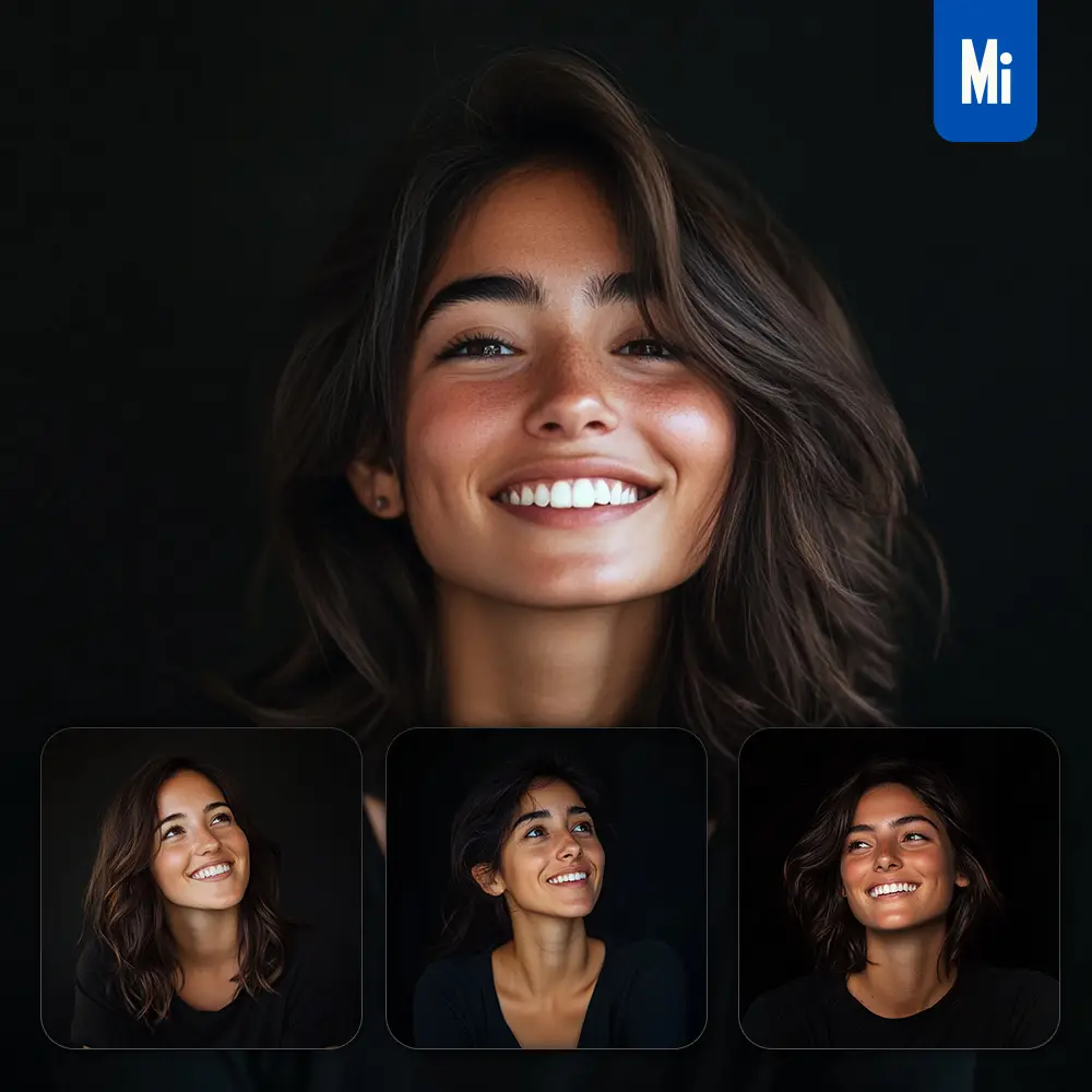 midjourney prompt girl hair young woman smiling smile looking black portrait photography
