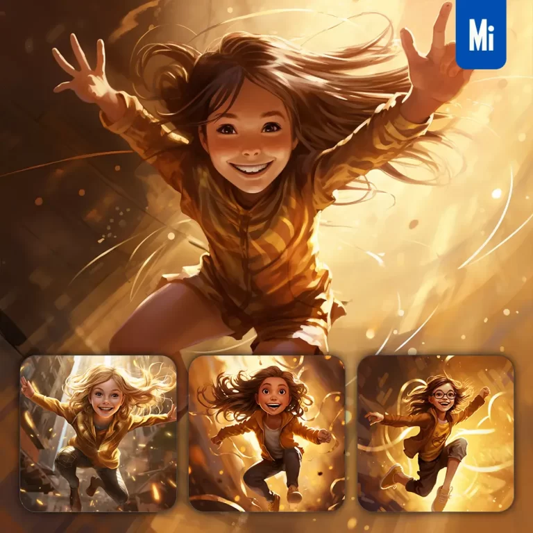 midjourney prompt girl jump happy kids superhero golden cartoon illustration painting
