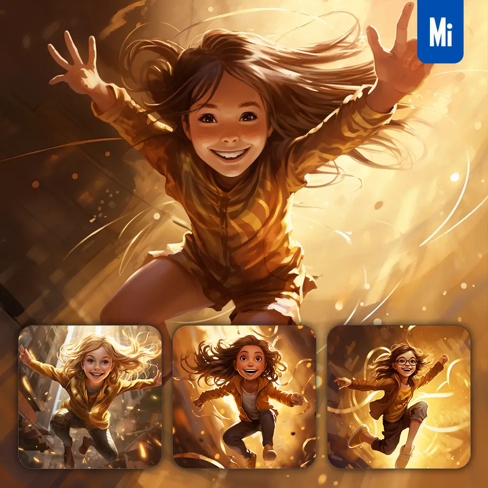 midjourney prompt girl jump happy kids superhero golden cartoon illustration painting