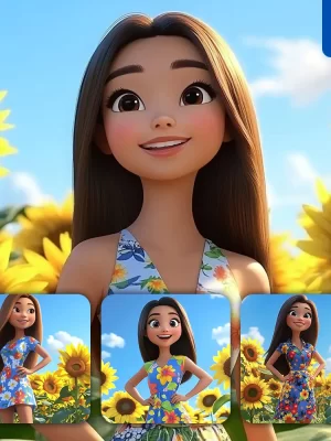 Midjourney Prompt Girl Woman Dress Sunflower Field Sky 3d Cartoon Animation