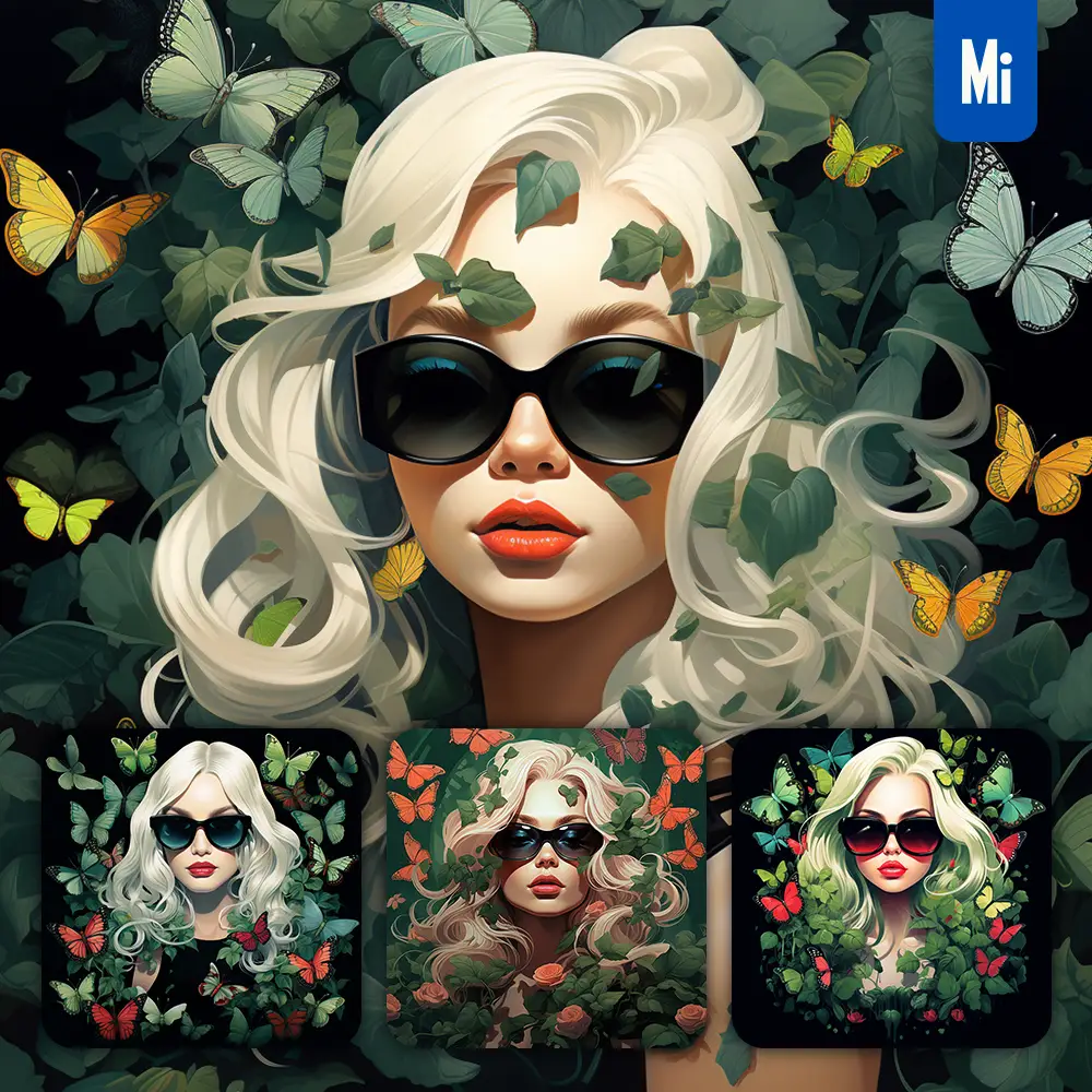 midjourney prompt girl woman female blonde sunglasses butterfly leaves portrait painting illustration