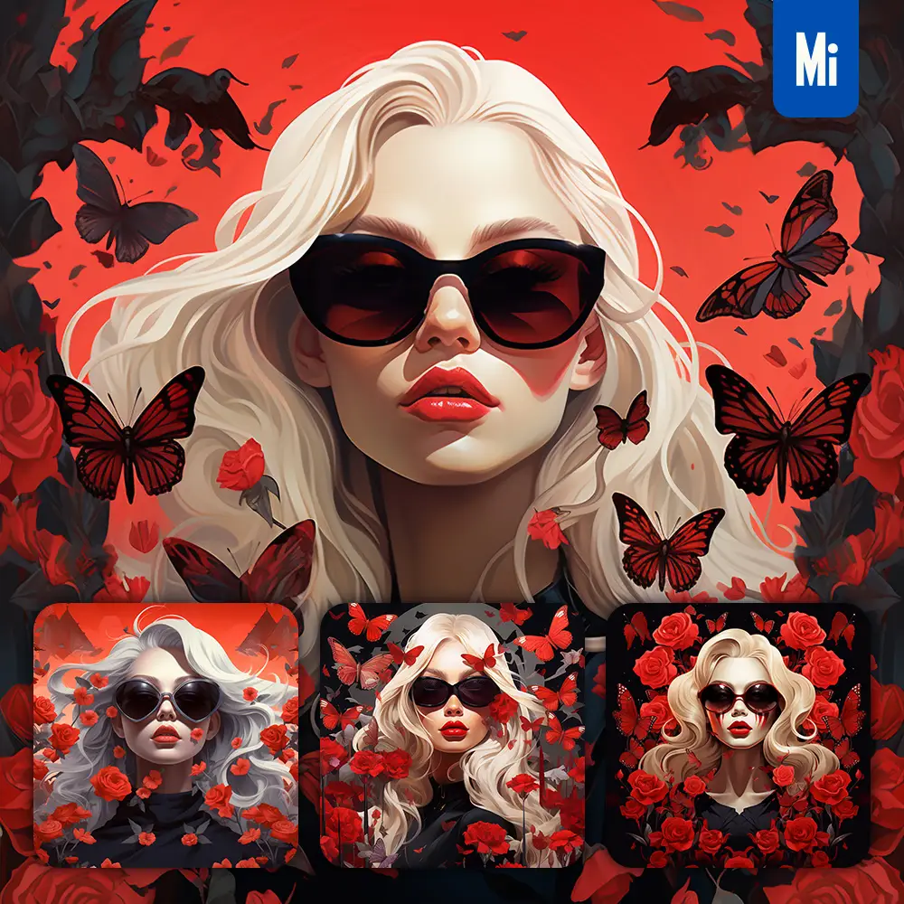 Midjourney Prompt Girl Woman Female Blonde Sunglasses Butterfly Roses Portrait Painting Illustration