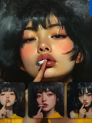 Midjourney Prompt Girl Woman Female Face Smoking Portrait Cigarette Oil Painting