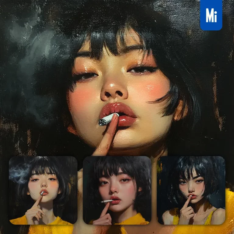 midjourney prompt girl woman female face smoking portrait cigarette oil painting