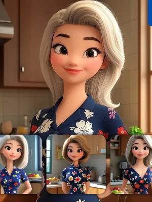 Midjourney Prompt Girl Woman Floral Dress Kitchen Window Home 3d Cartoon Animation