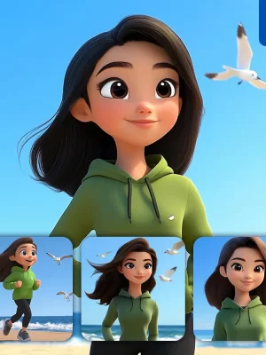 Midjourney Prompt Girl Woman Green Hoodie Sky Beach Seagulls 3d Cartoon Animation