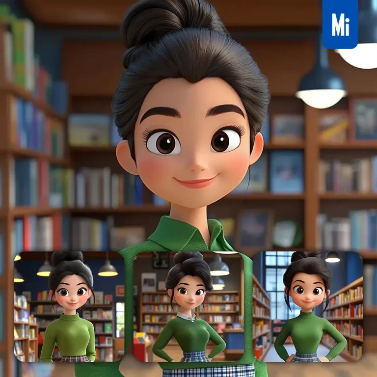 midjourney prompt girl woman green sweater bookshop library 3D cartoon animation
