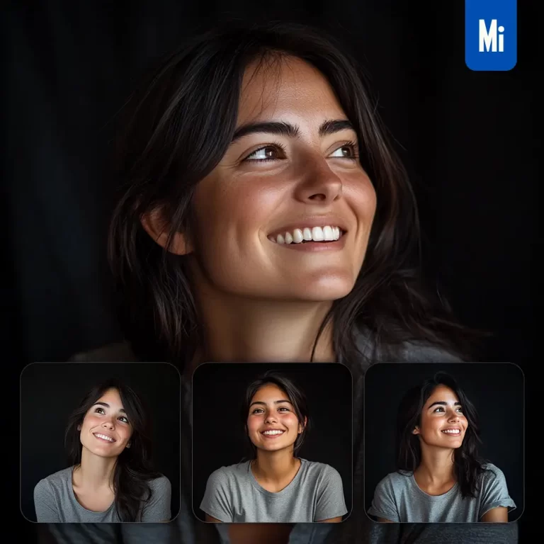 midjourney prompt girl woman grey T shirt smiling smile looking black portrait photography