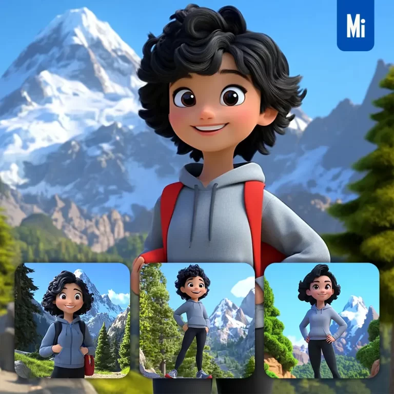 midjourney prompt girl woman hiking hoodie casual leggings mountain trail tree 3D cartoon animation