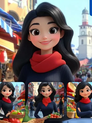 Midjourney Prompt Girl Woman Red Scarf Sweater Market Square Basket 3d Cartoon Animation