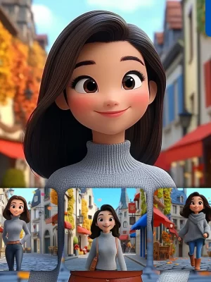 Midjourney Prompt Girl Woman Sweater Street Buildings 3d Cartoon Animation