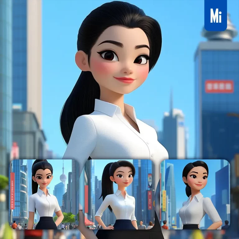 midjourney prompt girl woman white blouse skirt modern cityscape buildings sky 3D cartoon animation