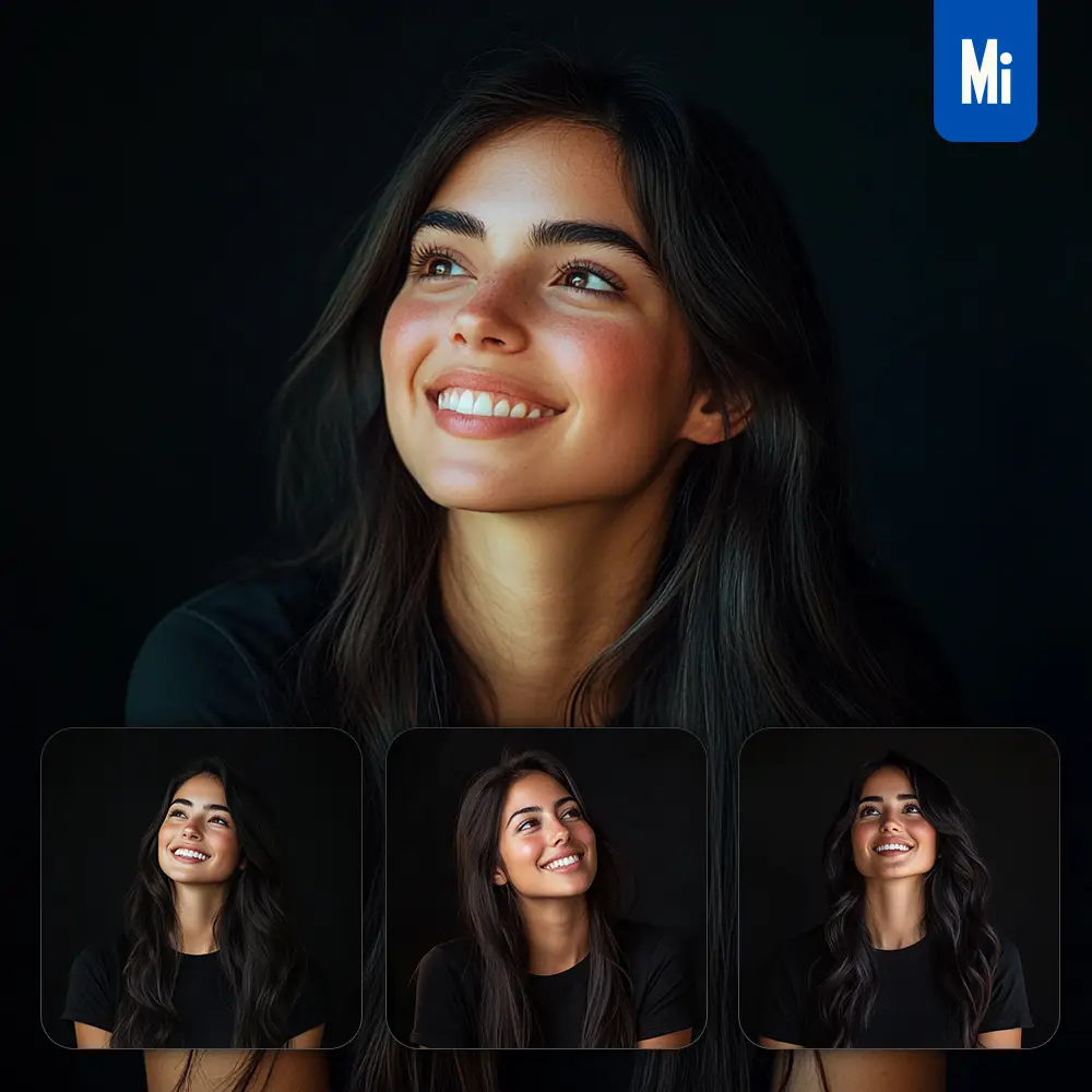 Midjourney Prompt Girl Young Woman Hair T Shirt Tee Smiling Smile Looking Black Portrait Photography