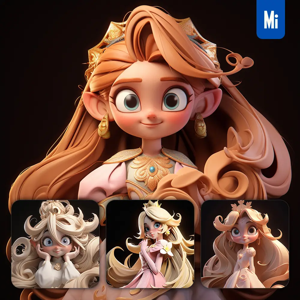 midjourney prompt golden yellow princess lovely queen crown dress 3D cute doll cartoon blind box