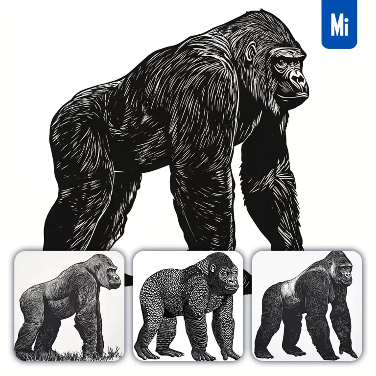midjourney prompt gorilla animal woodcut print black and white illustration