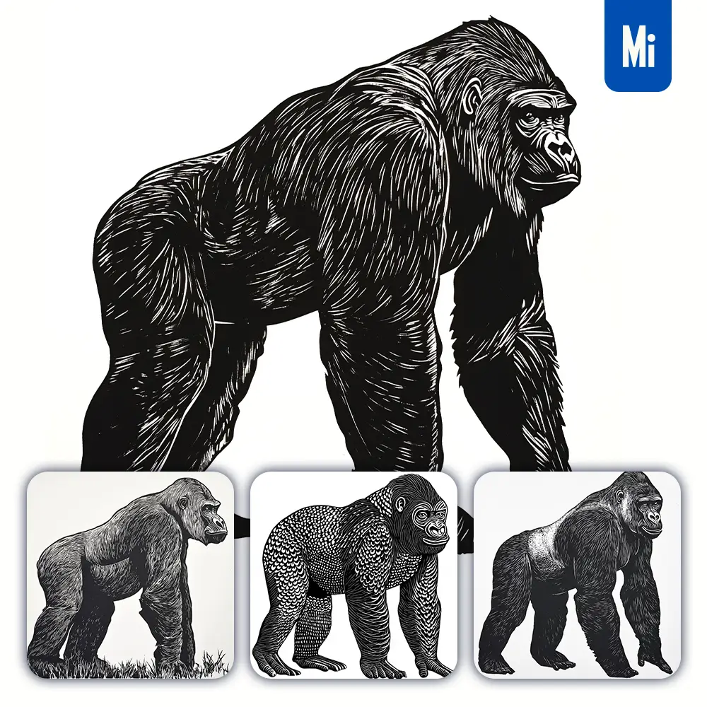 midjourney prompt gorilla animal woodcut print black and white illustration