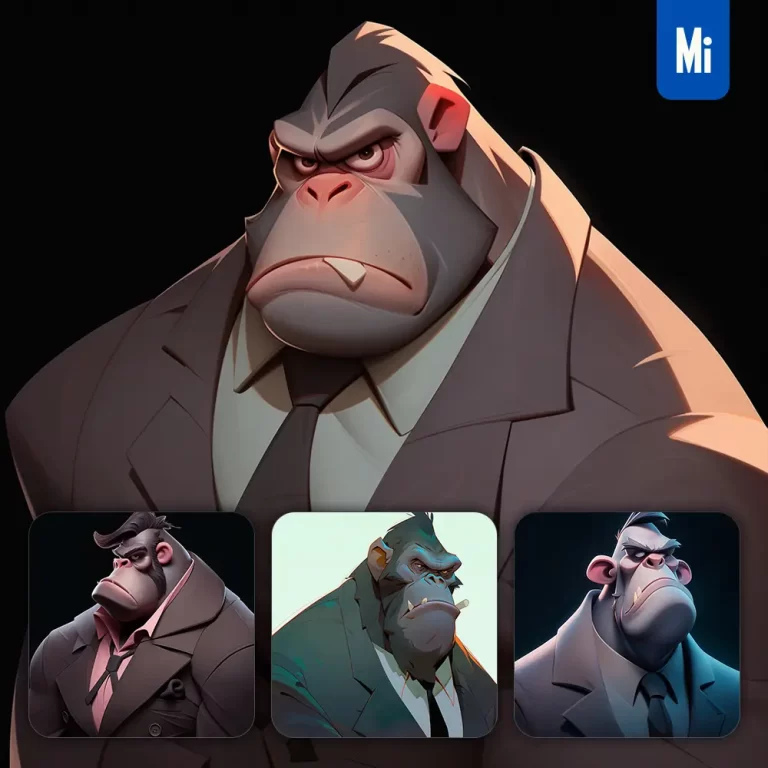 midjourney prompt gorilla boss man suit quirky brooding character design animation cartoon