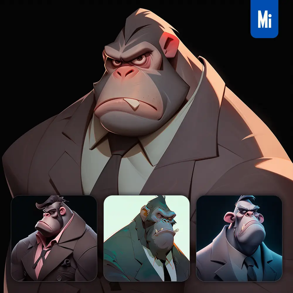 midjourney prompt gorilla boss man suit quirky brooding character design animation cartoon