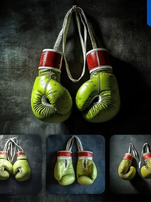 Midjourney Prompt Green Boxing Gloves Wall Dark Background Sport Photography