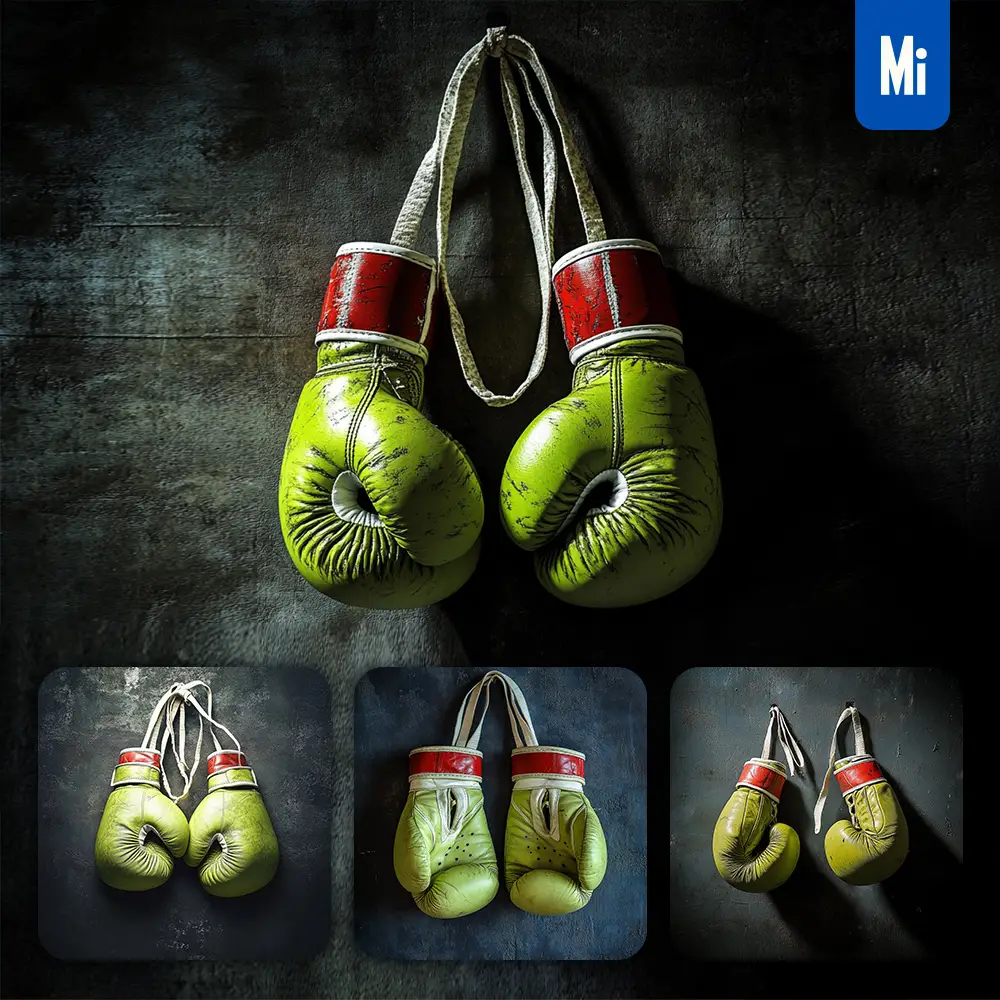 midjourney prompt green boxing gloves wall dark background sport photography