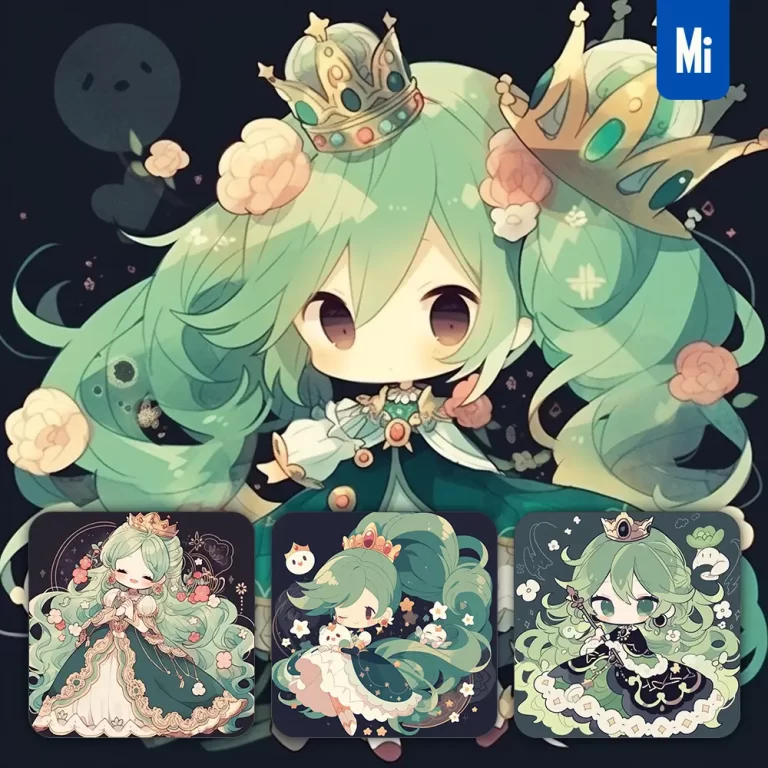 midjourney prompt green princess girl lovely queen crown dress 3D cute doll cartoon animation