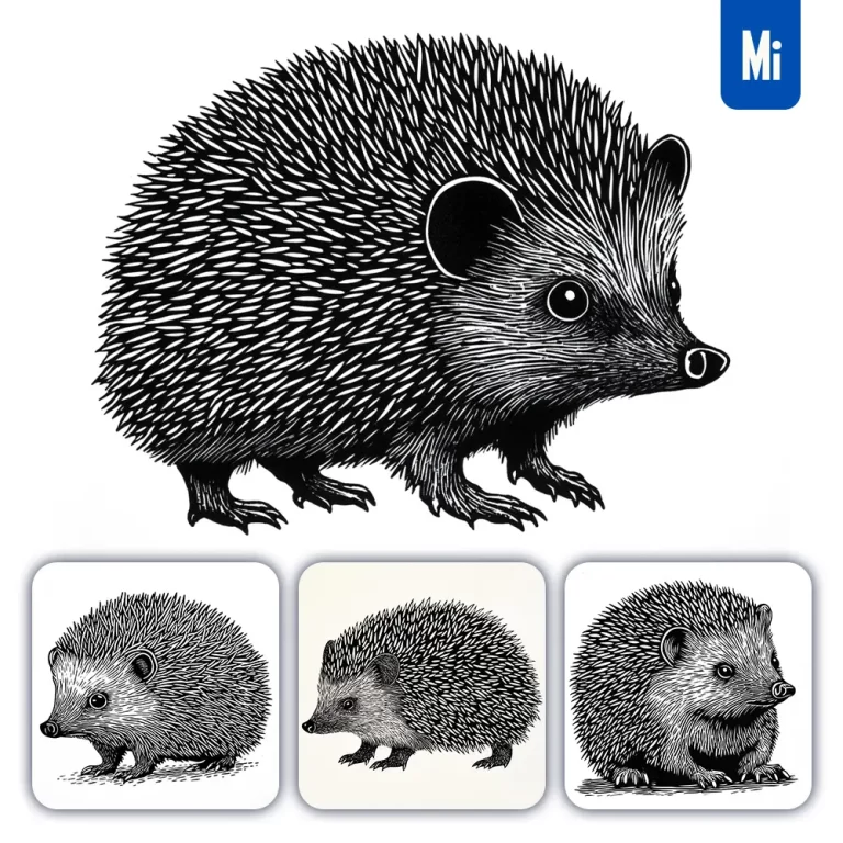 midjourney prompt hedgehog animal woodcut print black and white illustration