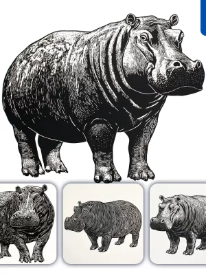 Midjourney Prompt Hippo Animal Woodcut Print Black And White Illustration