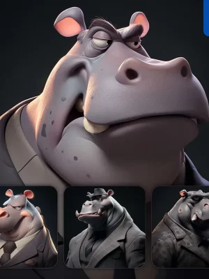 Midjourney Prompt Hippo Man Boss Suit Quirky Brooding Character Design Animation Cartoon