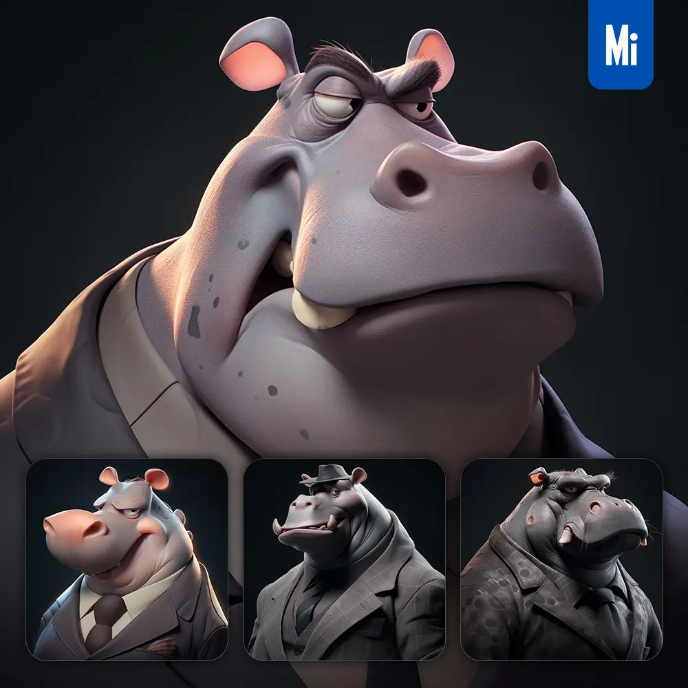Midjourney Prompt Hippo Man Boss Suit Quirky Brooding Character Design Animation Cartoon