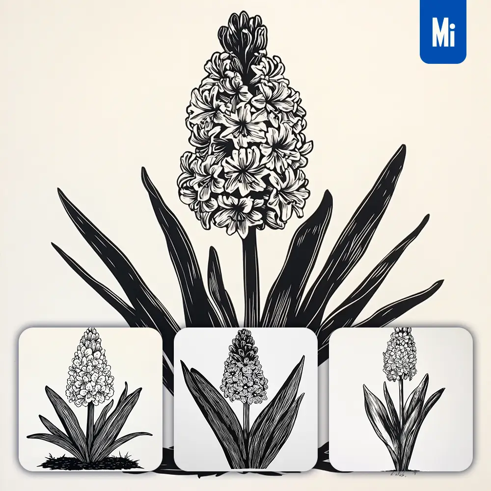 midjourney prompt hyacinth flower woodcut print black and white illustration