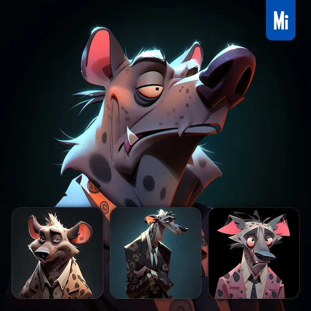 midjourney prompt hyena man boss suit quirky brooding character design animation cartoon