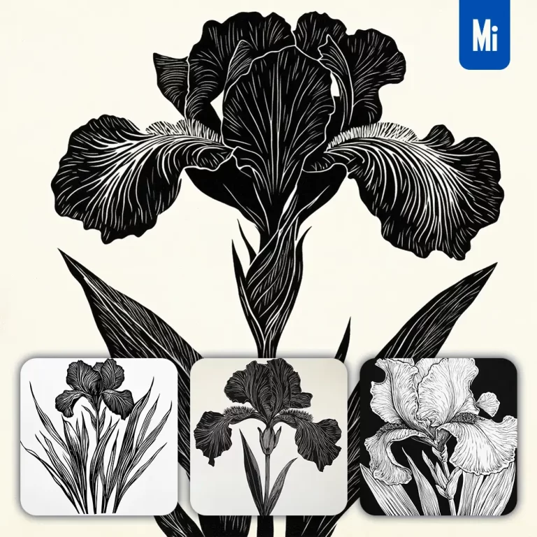 midjourney prompt iris flower woodcut print black and white illustration