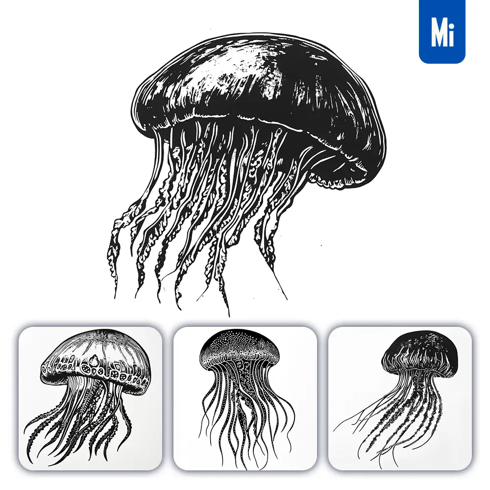 midjourney prompt jellyfish animal woodcut print black and white illustration