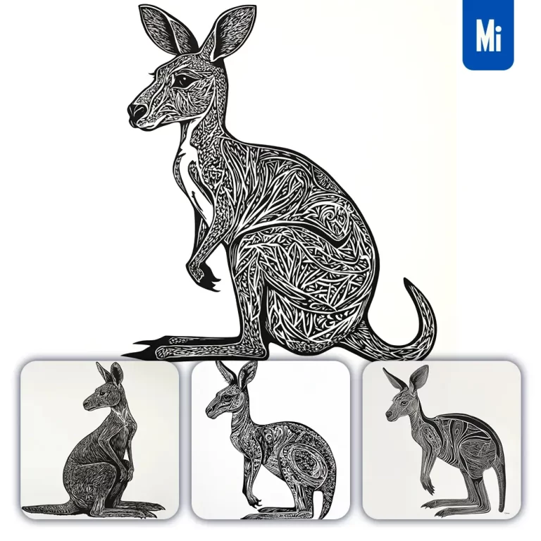 midjourney prompt kangaroo animal woodcut print black and white illustration