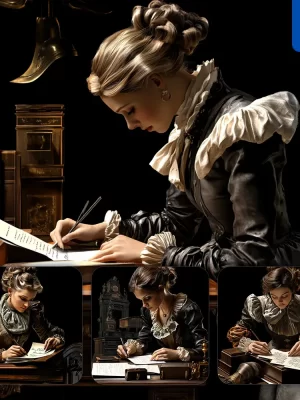 Midjourney Prompt Lady Woman Sit Write Black Cinema Still Oil Painting Photography