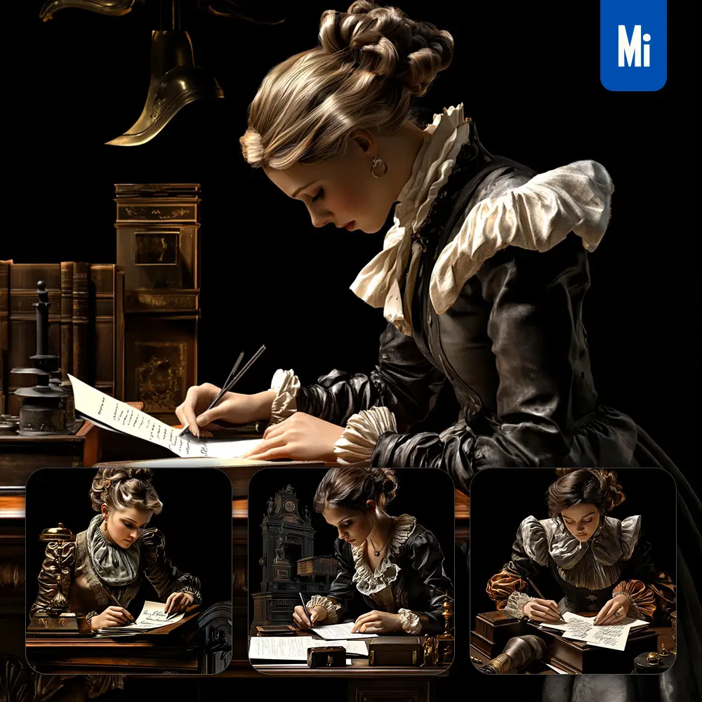 Midjourney Prompt Lady Woman Sit Write Black Cinema Still Oil Painting Photography