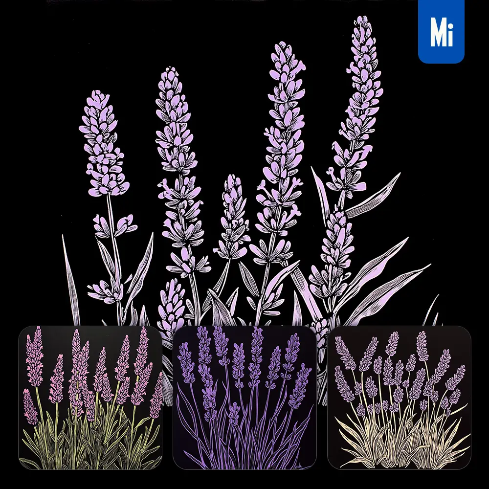 midjourney prompt lavender flower black and white woodcut print ink painting illustration