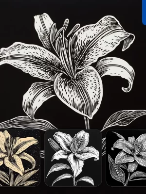 Midjourney Prompt Lily Flower Black And White Woodcut Print Ink Painting Illustration