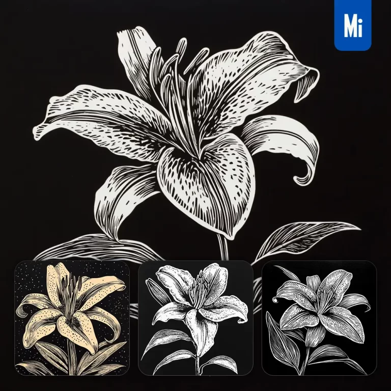 midjourney prompt lily flower black and white woodcut print ink painting illustration
