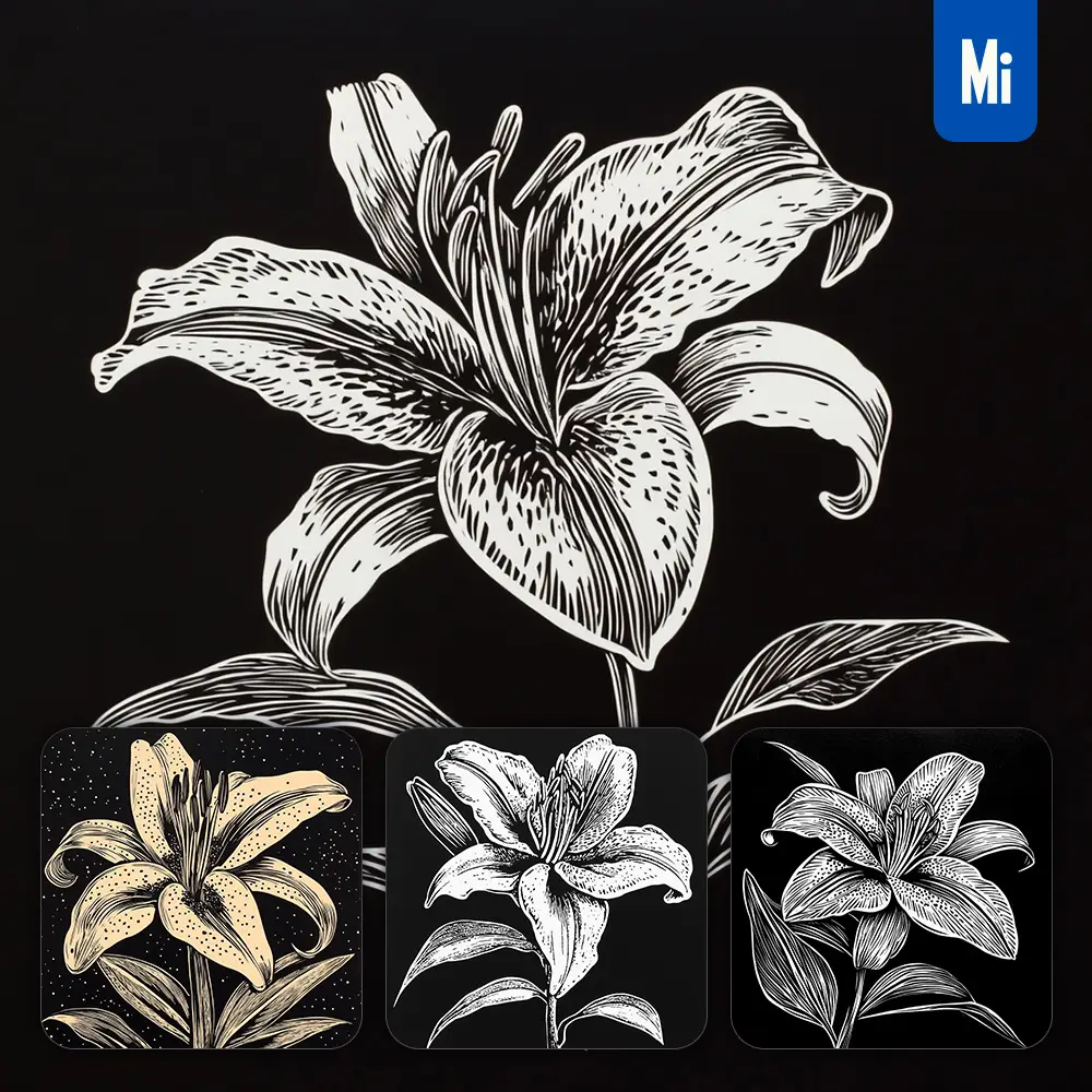 midjourney prompt lily flower black and white woodcut print ink painting illustration