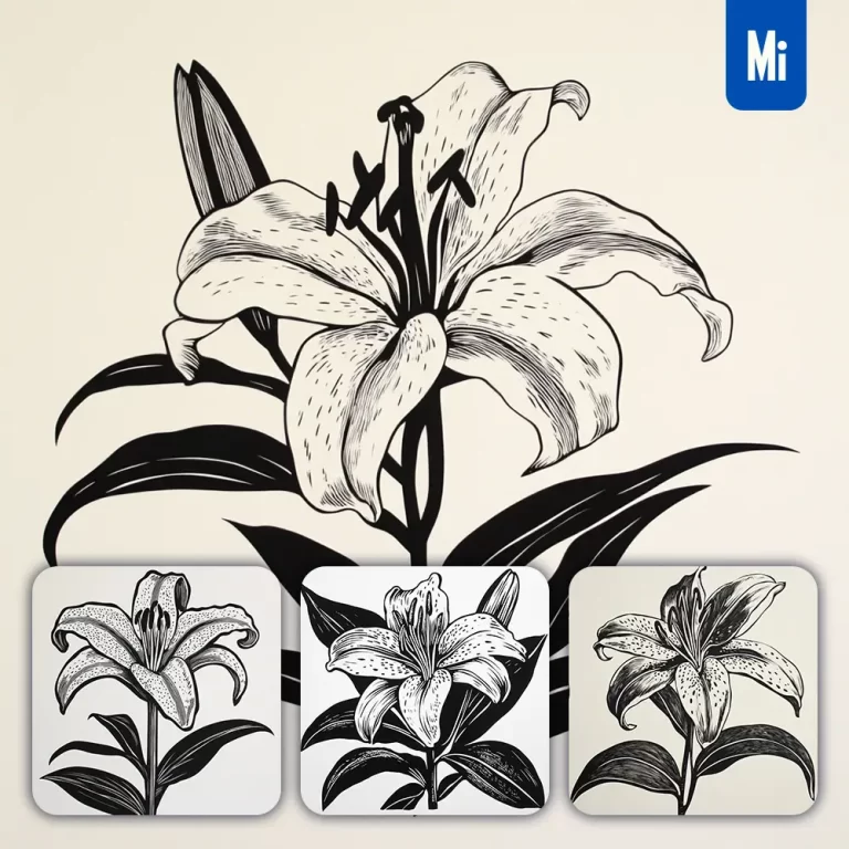 midjourney prompt lily flower woodcut print black and white illustration