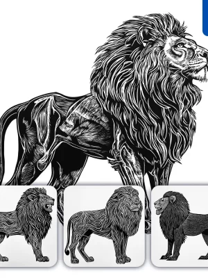 Midjourney Prompt Lion Animal Woodcut Print Black And White Illustration